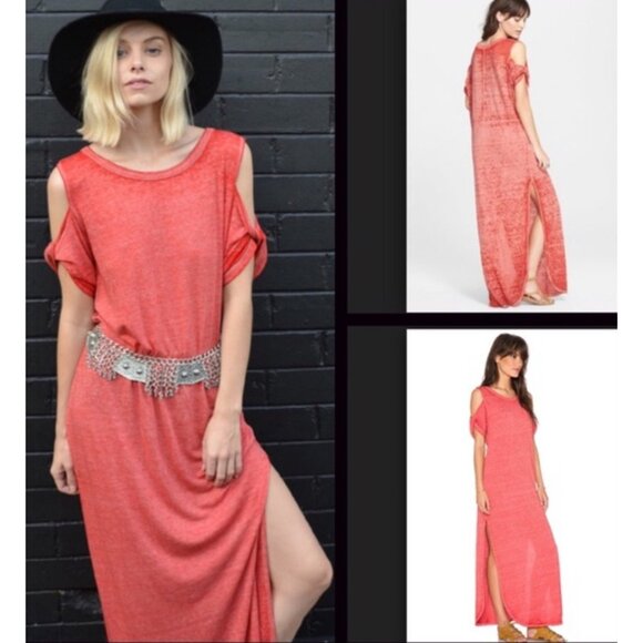 NWT Free People Casual Cold Shoulder Side Slits Relaxed Boho Jersey Maxi Dress - Picture 13 of 16